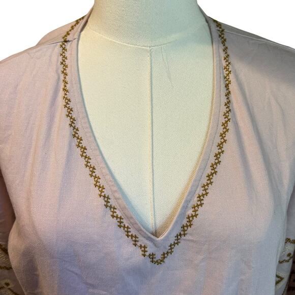 Madewell V-Neck Dress Linen Blend Embroidered Neckline & Peasant Sleeves SZ SM - Picture 3 of 10